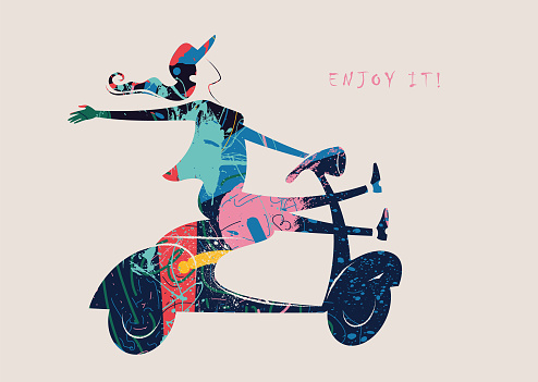 Vespa, woman, scooter, driving, fun - vector illustration