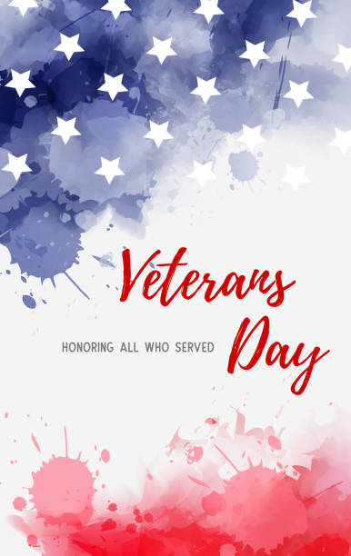 USA Veterans day background USA Veterans day background. Honoring all who served. Abstract grunge watercolor paint splashes in flag colors with text. Template for holiday banner, invitation, flyer, etc. memorial day background stock illustrations