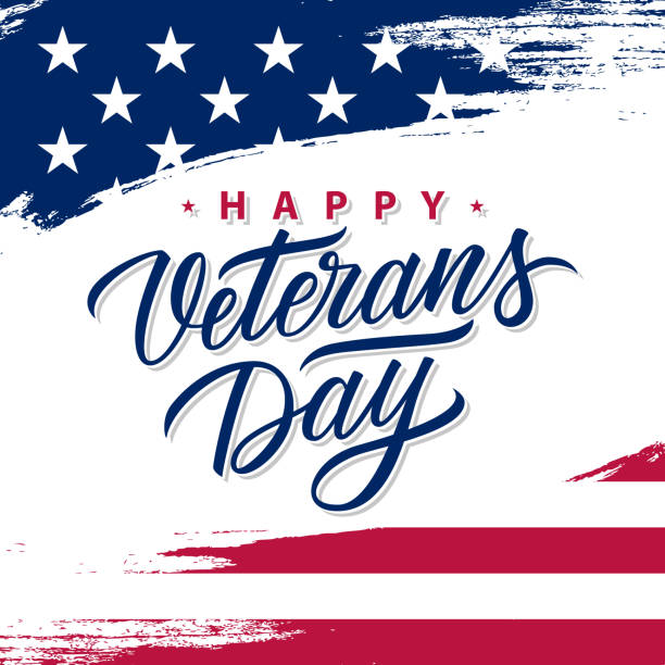 USA Veterans Day greeting card with brush stroke background in United States national flag colors and hand lettering text Happy Veterans Day. USA Veterans Day greeting card with brush stroke background in United States national flag colors and hand lettering text Happy Veterans Day. Vector illustration. military drawings stock illustrations
