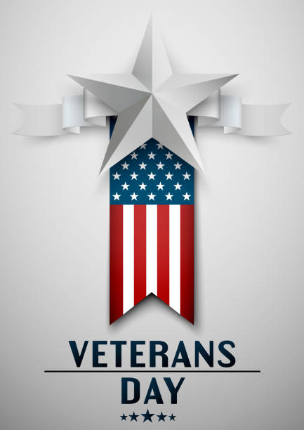 stockillustraties, clipart, cartoons en iconen met usa veterans day wenskaart met usa vlag en sterren op witte achtergrond. ter ere van allen die geserveerd. vectorillustratie. - eetklaar