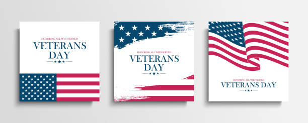 美國退伍軍人節賀卡，以美國國旗為一部分。向所有服役的人致敬。美國國定假日。 - 退伍軍人 幅插畫檔、美工圖案、卡通及圖標