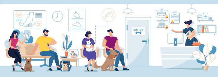 Veterinary Clinic Visitors with Pets Flat Vector