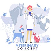 Young veterinarian woman standing together with cat, dog, cow, horse, birds.  Healthcare, medicine treatment, prevention and immunize of pets.
