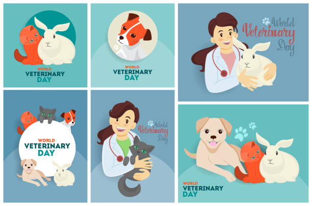 Veterinary day set. Veterinary day set of greeting cards with doctor and animals. national dog day stock illustrations