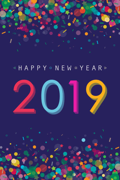 Lebendige und moderne Grußkarte für Neujahr 2019 mit Konfetti und 2019-Nummer auf dunkelviolettem Hintergrund.