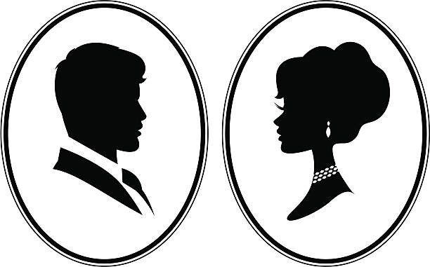 Victorian Cameos Two silhouette cameos of a man and a woman facing each other. can be used separately or together. Easy to add colors. cameo brooch stock illustrations