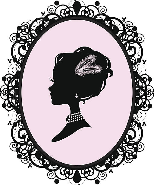 Victorian Woman Cameo The silhouette of a woman in an ornate frame with feathers in her hair, diamond earrings and a pearl necklace. Inner frame color easily changed. cameo brooch stock illustrations