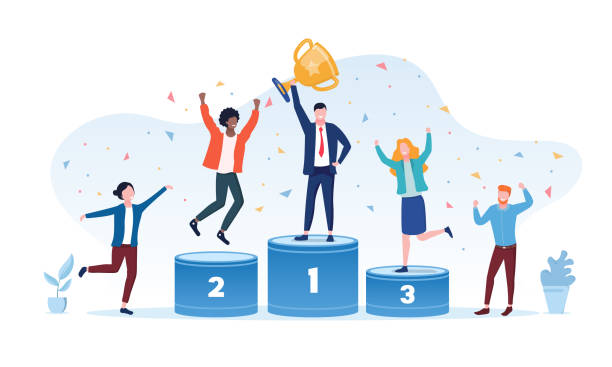 Victory concept with winner holding gold cup Victory concept with the businessman winner holding gold cup on the center podium flanked by the runners up and cheering people, colored vector illustration podium stock illustrations
