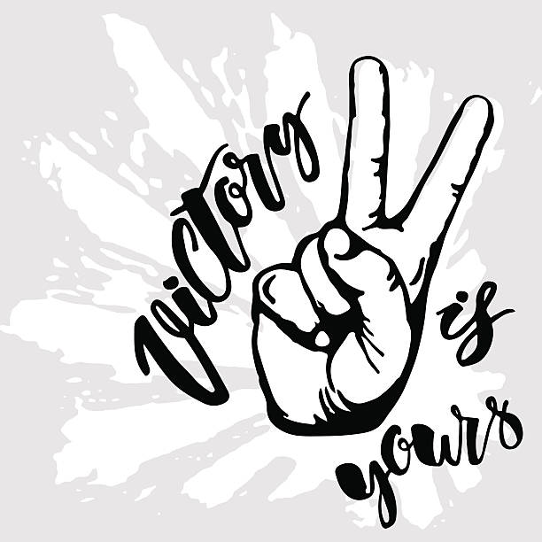 Victory sign. Victory is yours Victory sign. Victory is yours concept hand lettering motivation poster. Artistic modern brush calligraphy design for a logo, greeting cards, invitations, posters, banners, t-shorts, seasonal greetings illustrations. symbols of peace stock illustrations