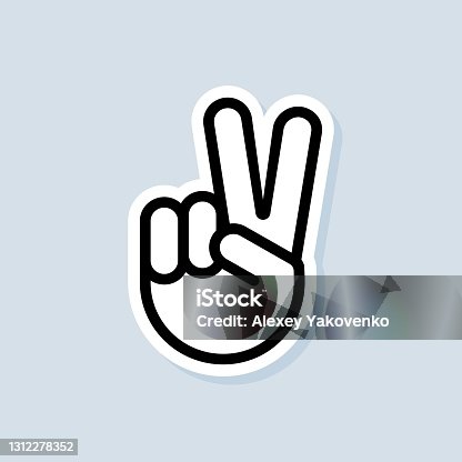 istock Victory sticker. Sign of victory or peace. Hand gesture of human. Two fingers raised up. Vector on isolated background. EPS 10 1312278352