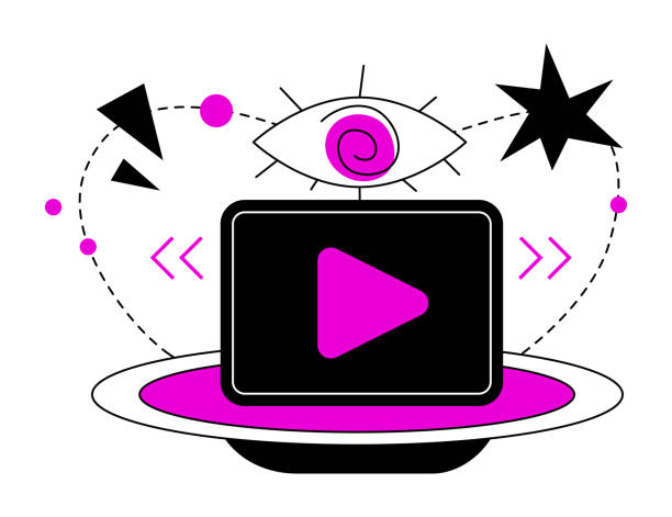 Video blogging and media - colorful flat design style illustration Video blogging and media - colorful flat design style illustration with linear elements. A purple colored composition with large play button, mesmerizing pupil eye and fast forward and rewind keys person hypnotized by mass media stock illustrations