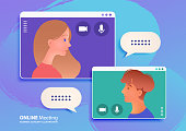 Online meeting via a video call app between young adult man and woman, Work from Home concept vector illustration.