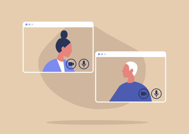Video call conference, working from home, social distancing, business discussion Video call conference, working from home, social distancing, business discussion connection illustrations stock illustrations