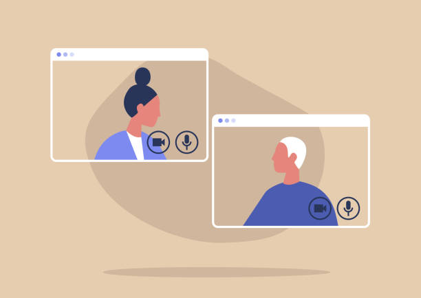 Video call conference, working from home, social distancing, business discussion flexible working icon stock illustrations