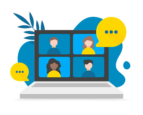 Video call conference, working from home, social distancing, business discussion on the laptop screen. Vector flat illustrations.