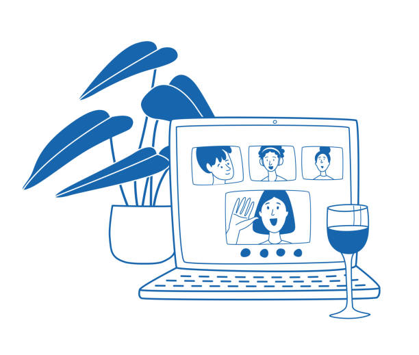 Video call friends, wine glass and plant next to laptop Video call to friends in the evening during quarantine, glass of wine and plant next to laptop. Vector illustration doodles, thin line art sketch style concept alcohol drink backgrounds stock illustrations
