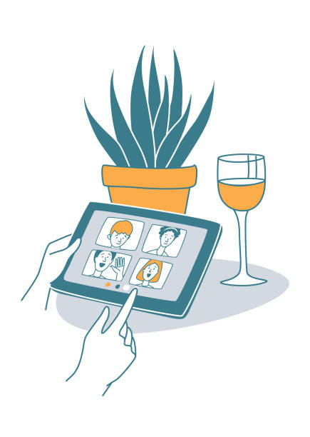Video call friends, wine glass, plant, hands holding tablet Video call to friends in the evening during quarantine, glass of wine and hands holding tablet computer. Vector illustration doodles, thin line art sketch style concept alcohol drink clipart stock illustrations