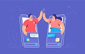 Video call or mobile chat conversation. Concept vector illustration of two friends giving a high-five on smartphones in the chat messenger. Online conference and distance communications for people