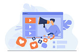Video channel of popular blogger sharing information and getting likes. Influencer with megaphone and player interface. Vector illustration for marketing, advertising, social network communication