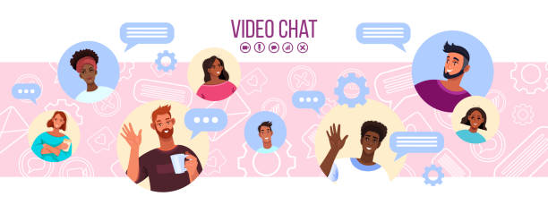 Video chat or conference vector illustration with multi-national peoples' avatars on abstract background. Virtual online meeting concept with cheerful young men and women. Video chat horizontal banner avatar backgrounds stock illustrations