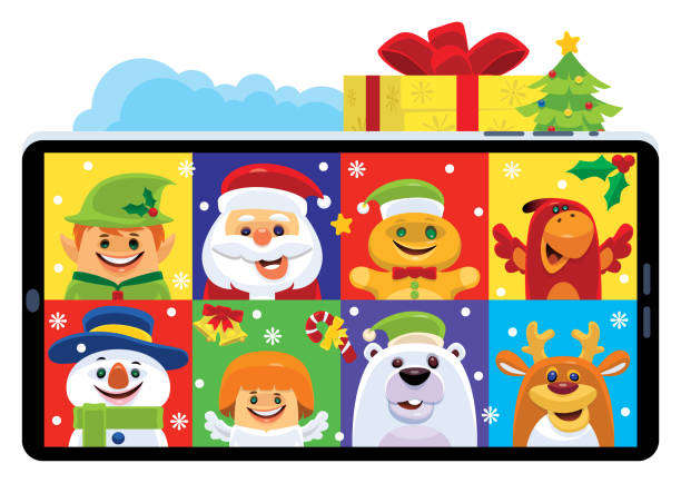 ilustrações de stock, clip art, desenhos animados e ícones de video chatting with christmas friends - smartphone christmas