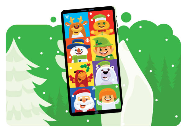 ilustrações de stock, clip art, desenhos animados e ícones de video chatting with christmas friends via smartphone - smartphone christmas