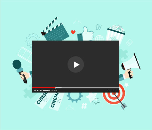 Video concept Video concept illustration. Flat design with big player symbol. Cinema. Video marketing campaign. Content. Vlog. YouTube marketing stock illustrations