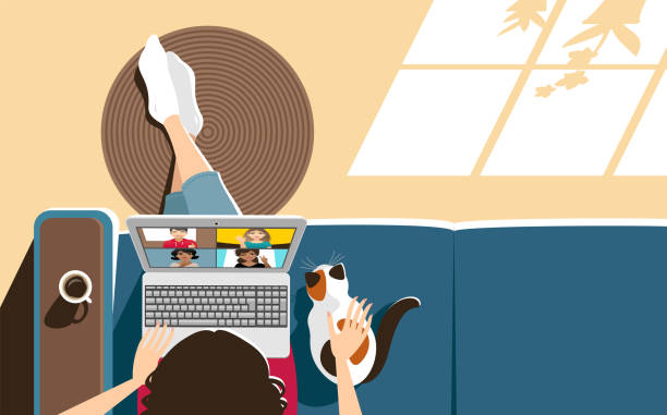 ilustrações, clipart, desenhos animados e ícones de videoconferência em casa - home office