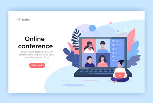 Video conference concept illustration. Video conference concept illustration. Friends using computer
for a online meeting and internet communications. Landing page design perfect for web, banner, mobile app, vector flat style. meeting illustrations stock illustrations