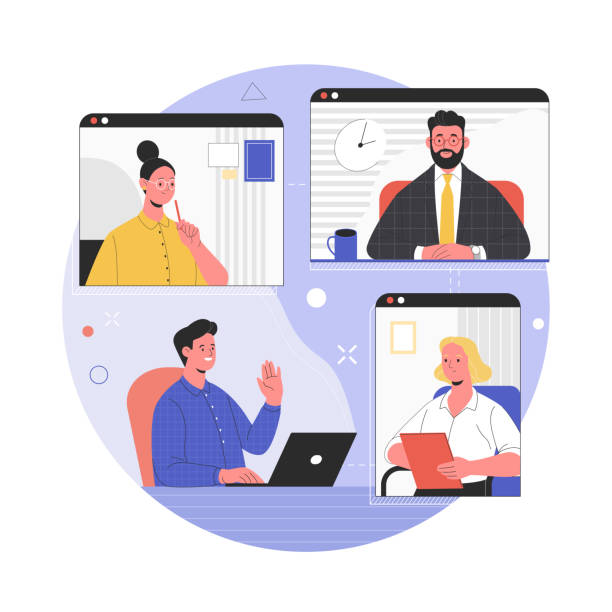 Video conference concept. Vector illustration of computer and smartphone screens of colleagues talking during a video call. Isolated on background video conference stock illustrations