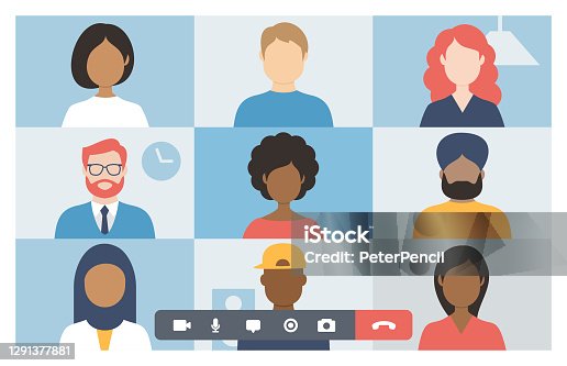 istock Video conference. Group of people on computer, laptop, notebook, tablet screen. User interface. Multicultural friends and colleagues. Empty faces. Working at Home. Vector stock illustration 1291377881