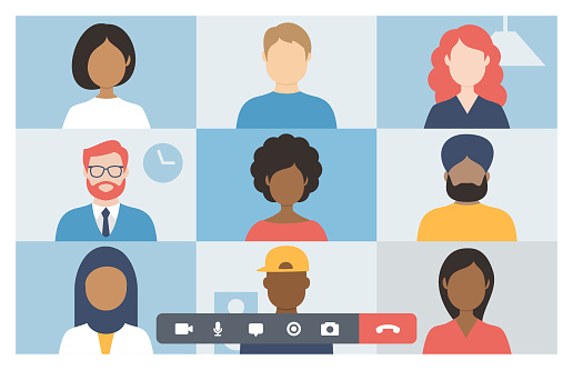 Video conference. Group of people on computer, laptop, notebook, tablet screen. User interface. Multicultural friends and colleagues. Empty faces. Working at Home. Vector stock illustration