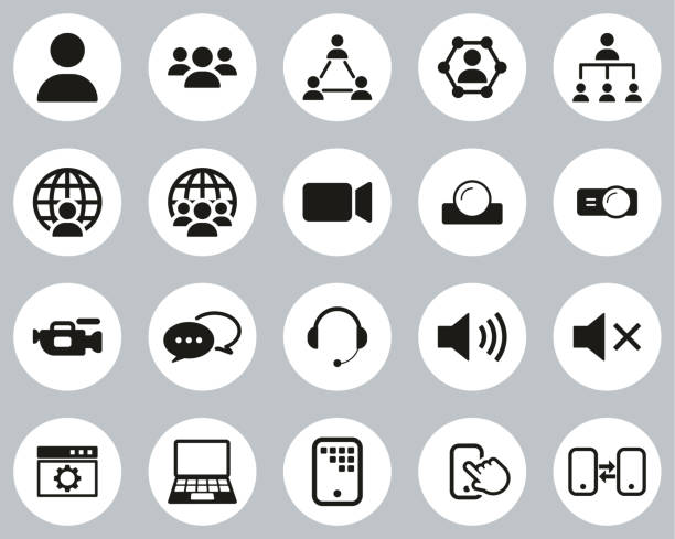 video konferenz icons schwarz & weiß flach design kreis set big - videokonferenz stock-grafiken, -clipart, -cartoons und -symbole