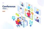 Video conference internet meeting and live video chat isometric vector illustration. Business video call and online communication for remote education, webinar or office chat, video conference call