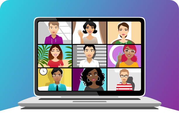 Video conference Laptop monitor with nine people in a video call. Front view. computer monitor illustrations stock illustrations