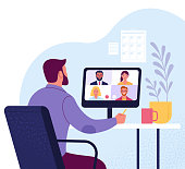 Vector illustration of a man in suit communicates with colleagues via video call from home