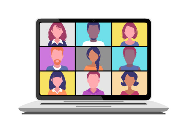 Video conference Laptop monitor with nine people in a video call. Front view isolated on a white background. zoom meeting stock illustrations