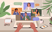 People Character working Remote at Home and using Laptop for Video Meeting with Colleagues and Friends. Online Discussion and Video Conference Concept. Flat Isometric Vector Illustration.