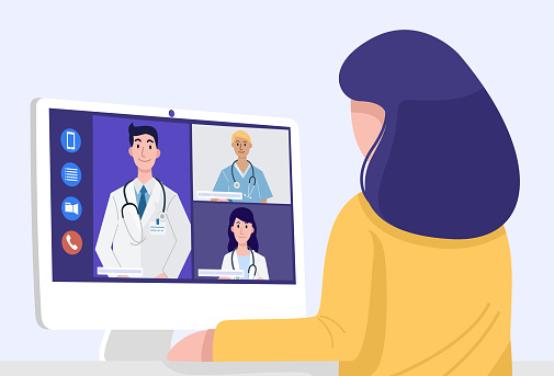 Video conferencing at home, Close-up woman having video call meeting with doctors at home. Vector