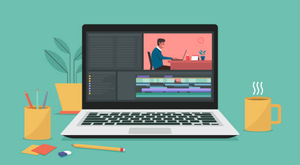 Video editing software on laptop computer vector art illustration