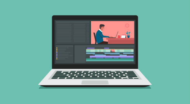 ilustraciones, imágenes clip art, dibujos animados e iconos de stock de software de edición de vídeo con ordenador portátil - video editing