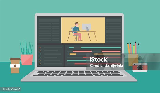 istock Video editing software. Workplace for freelancer and editor, movie making, vector illustration 1308278737
