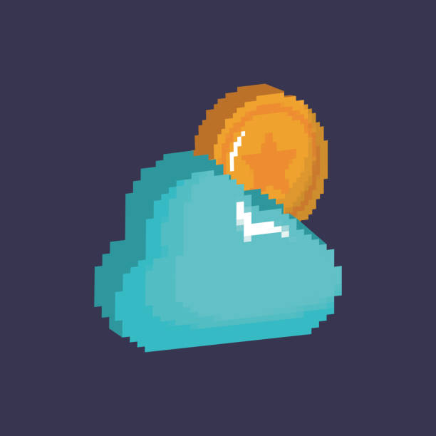 video game design with pixelated cloud and coin over black...