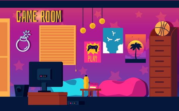 ilustrações de stock, clip art, desenhos animados e ícones de video game room interior - cartoon banner of room with gamer equipment - living room night nobody