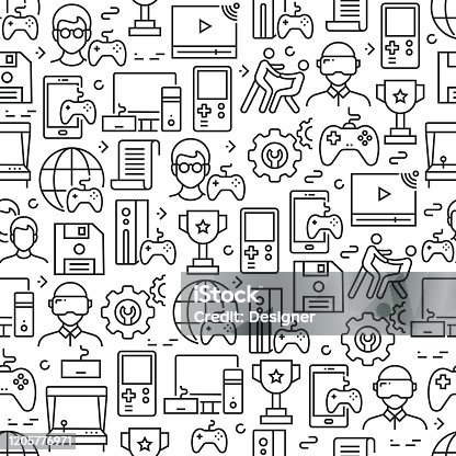 istock Video Games Related Seamless Pattern and Background with Line Icons 1205776971