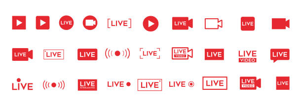 LIVE video icon. Red broadcast button set New LIVE video icon. Red broadcast button set. drone backgrounds stock illustrations