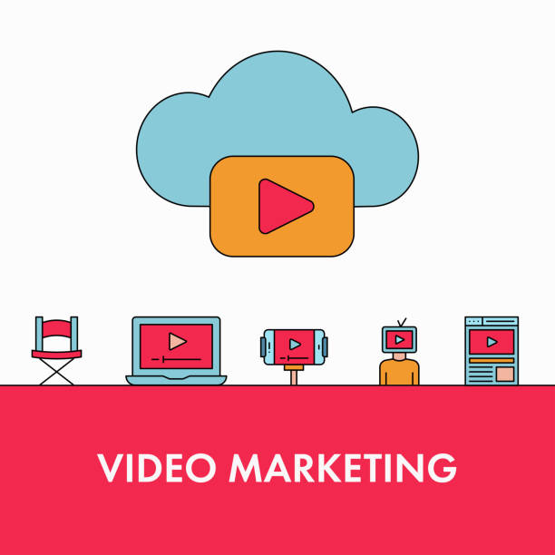 stockillustraties, clipart, cartoons en iconen met video marketing concept - film kijken icoon