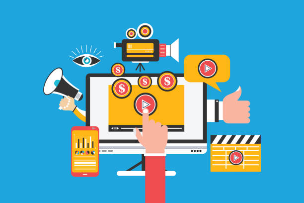 Video marketing web concept with computer and camera, loudspeaker, money and media elements India,USA,Home Video Camera, Movie, Tutorial, Backgrounds, Marketing youtube stock illustrations