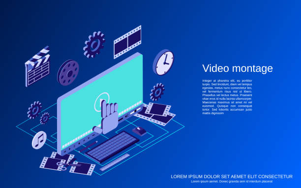 ilustraciones, imágenes clip art, dibujos animados e iconos de stock de concepto vectorial de montaje de vídeo - video editing