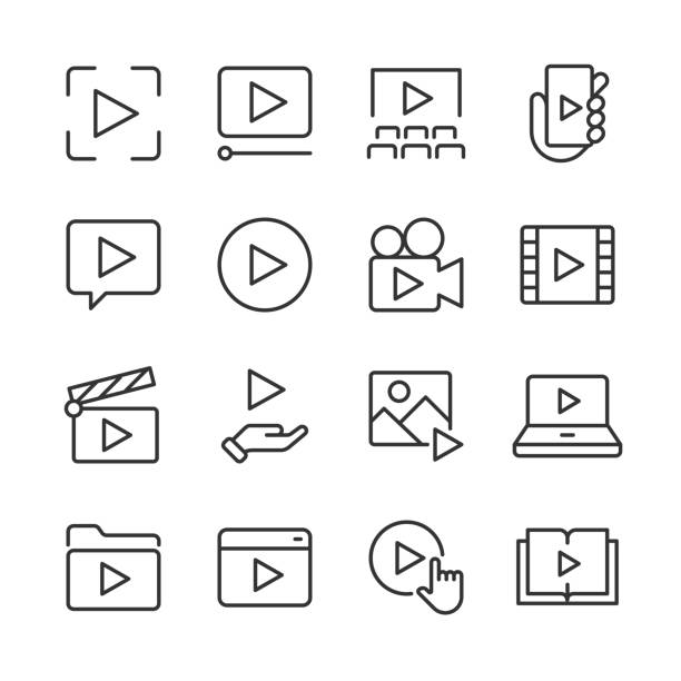 Video Play Icons — Monoline Series Vector line icon set appropriate for web and print applications. Designed in 48 x 48 pixel square with 2px editable stroke. Pixel perfect. streaming service stock illustrations
